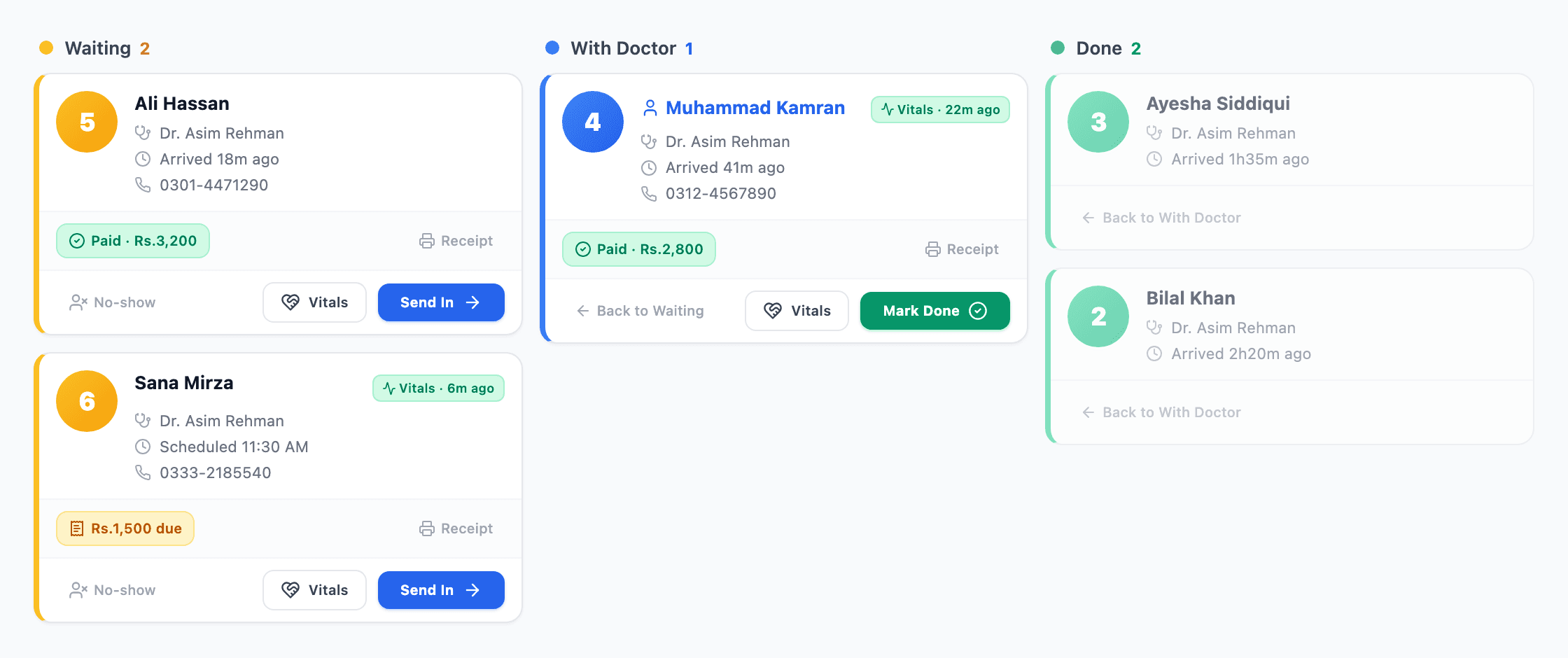 Clivita's OPD queue board: patients in Waiting, With Doctor, and Done columns, each card showing token number, doctor, arrival time and billing status.